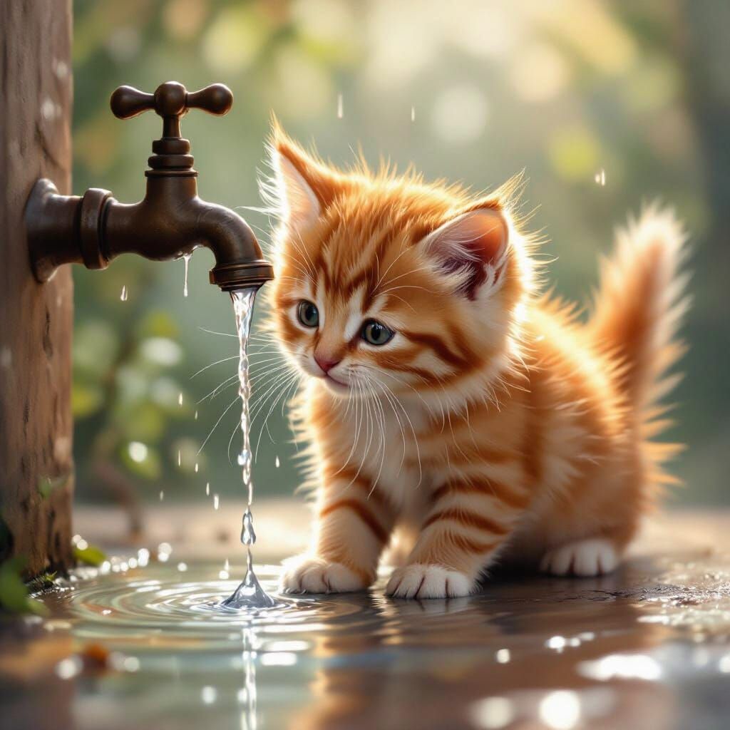Fluffy Kitten Tumbles into Puddle After Drinking