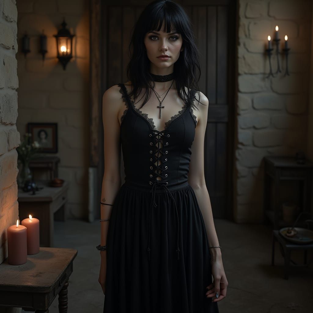 Gothic Woman in Dimly Lit Room, Surrealist Style