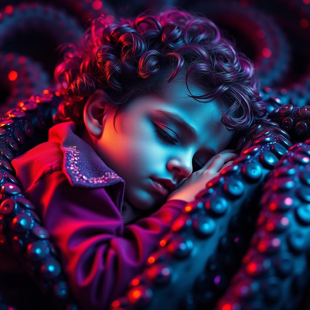 Harlequin Child Asleep in Tentacles, Neon Fantasy Art
