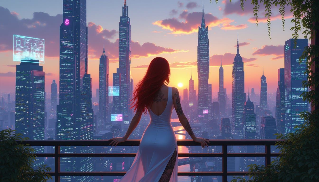 Cyberpunk Solarpunk Cityscape with Vampire Warrior