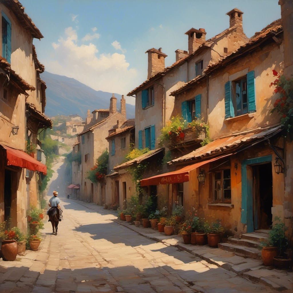 Hyperrealistic Village Street Scene Splash Art