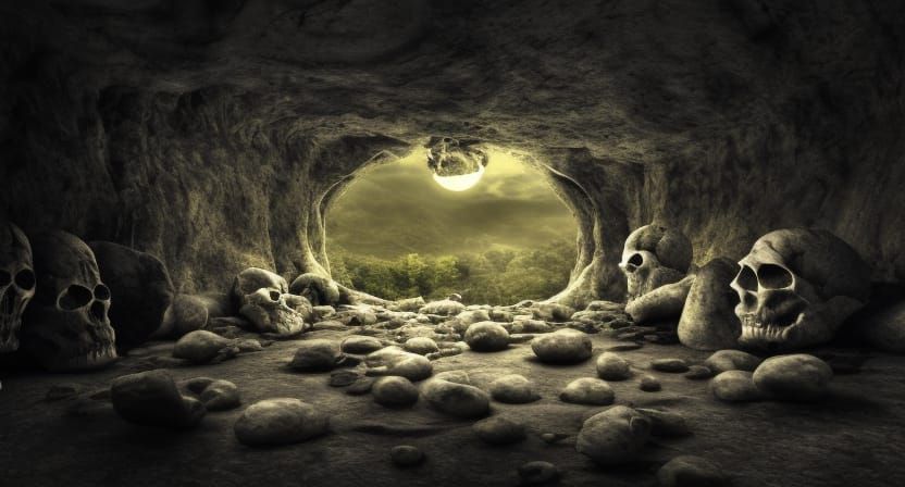 view from creepy cave with skulls