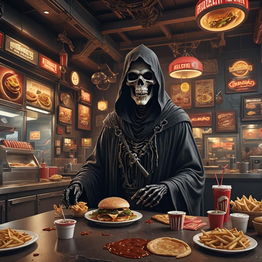 Grim Reaper at Fast Food Restaurant: Detailed Matte Painting