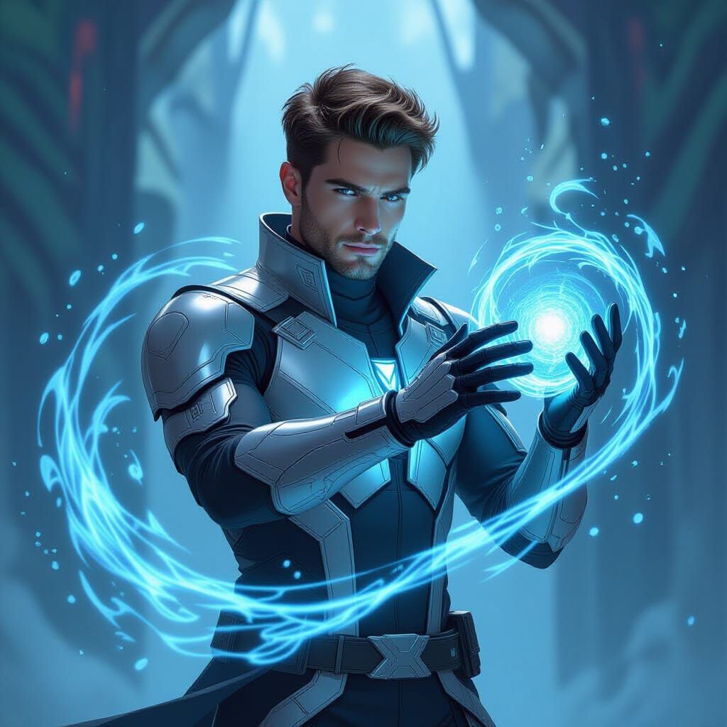 Futuristic Mage Bends Luminous Water Magic in Concept Art St...