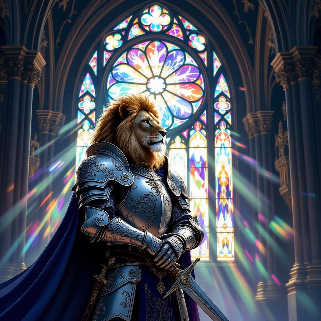 Lion Knight Stands Guard at Gothic Cathedral