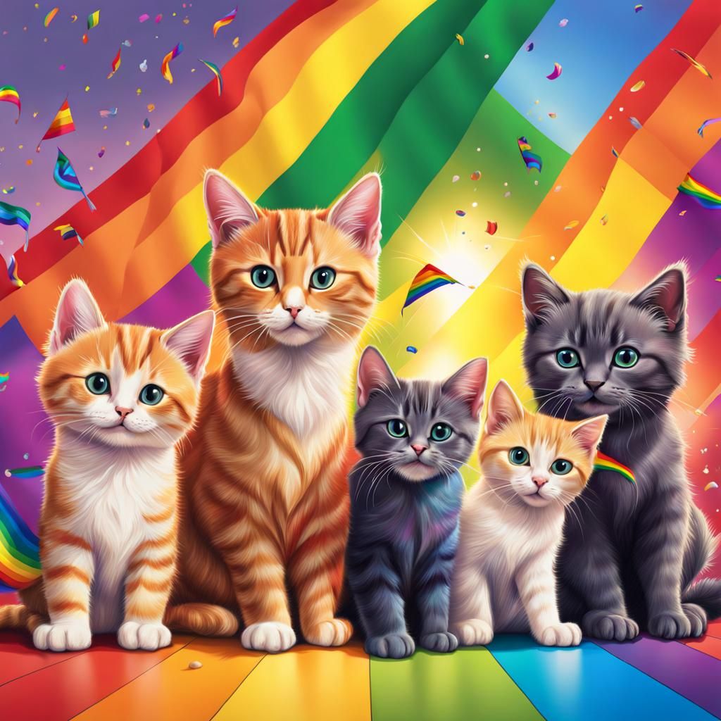 Festive Pride Parade Featuring Cats and Rainbow Flags