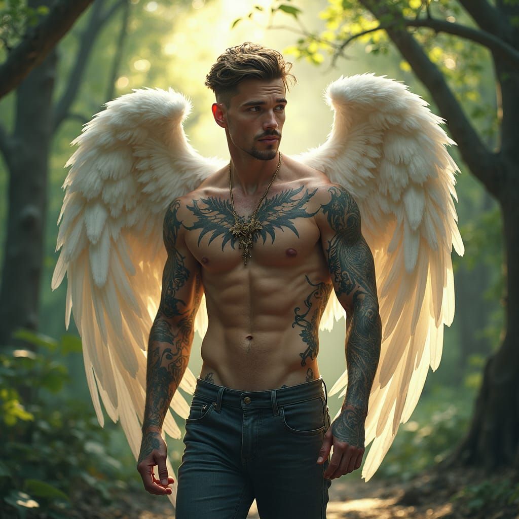 Angelic Man with Tattoos in Mystical Forest