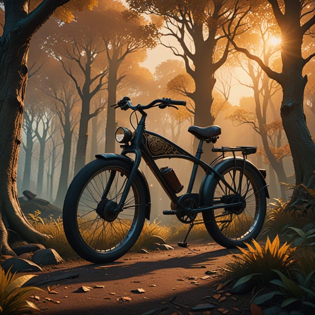 Mystical Three-Wheeled Bicycle in Sunset Forest