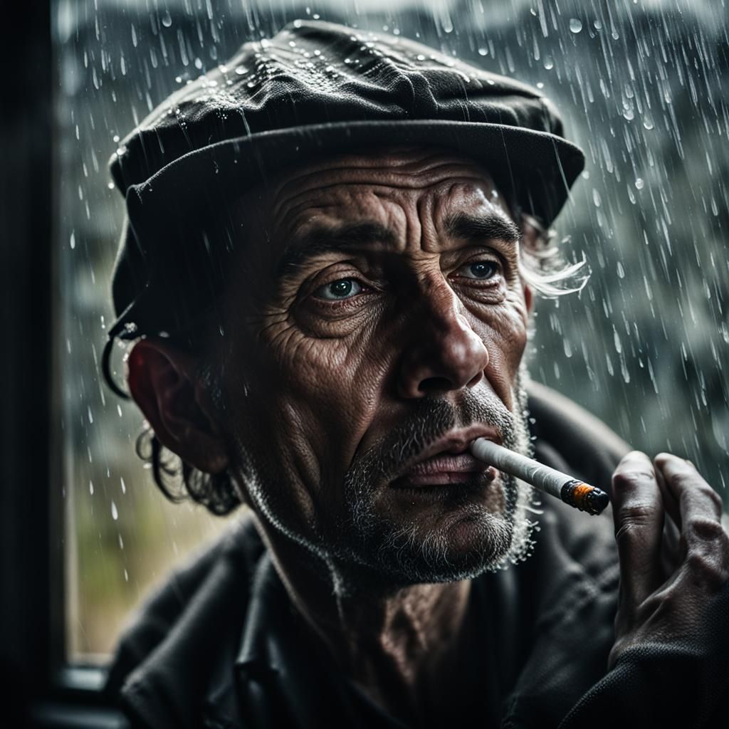 Contemplative Man Smoking with Dew Drops