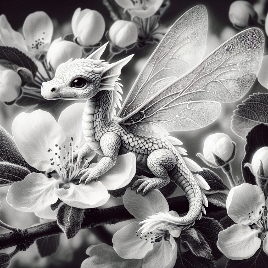 Miniature White Dragon on Apple Blossom Illustration
