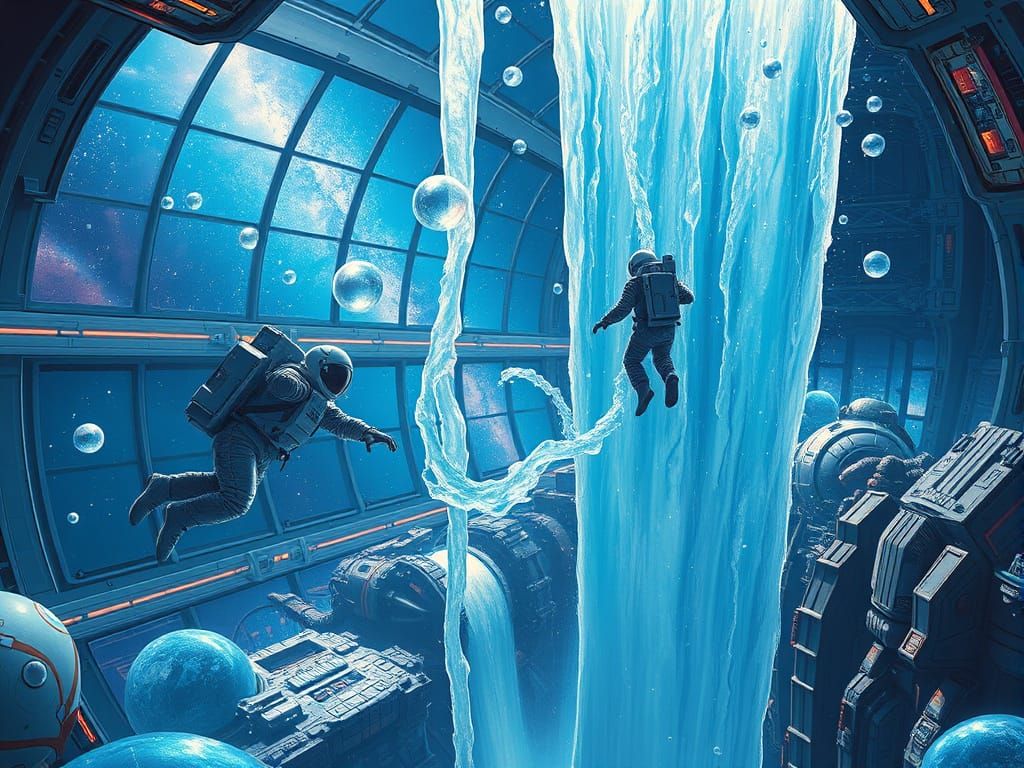 Astronauts Discover Space Waterfall in Sci-Fi Station
