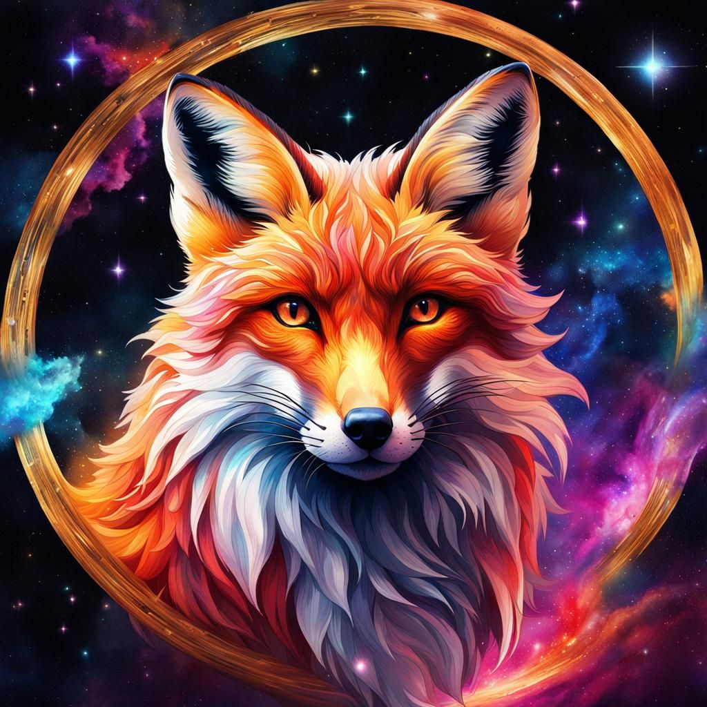 Watercolor Fox Under the Cosmos in Cosmic Art Style