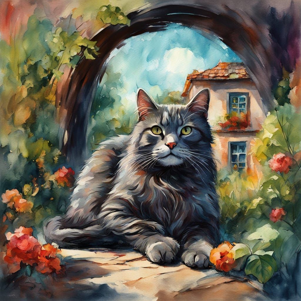 Cat Sleeping on Well in Gouache Style