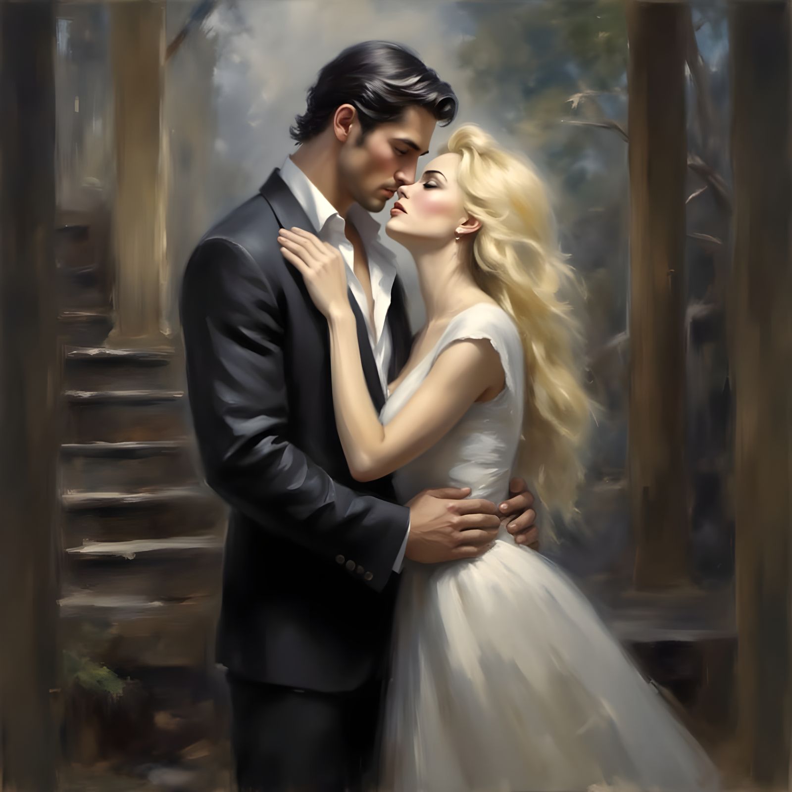 Two Women Share a Kiss on a Stairway During a Storm