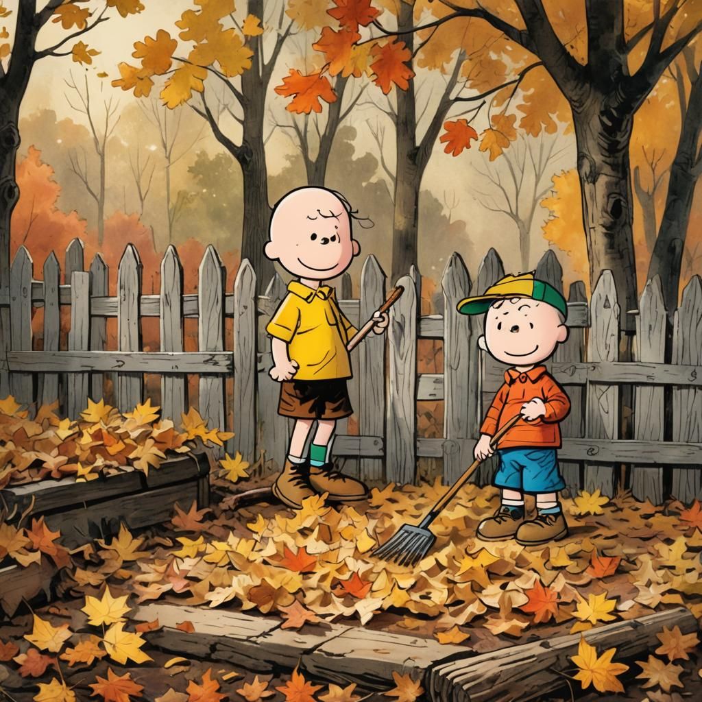 Charlie Brown Raking Leaves: Retro Watercolor Illustration