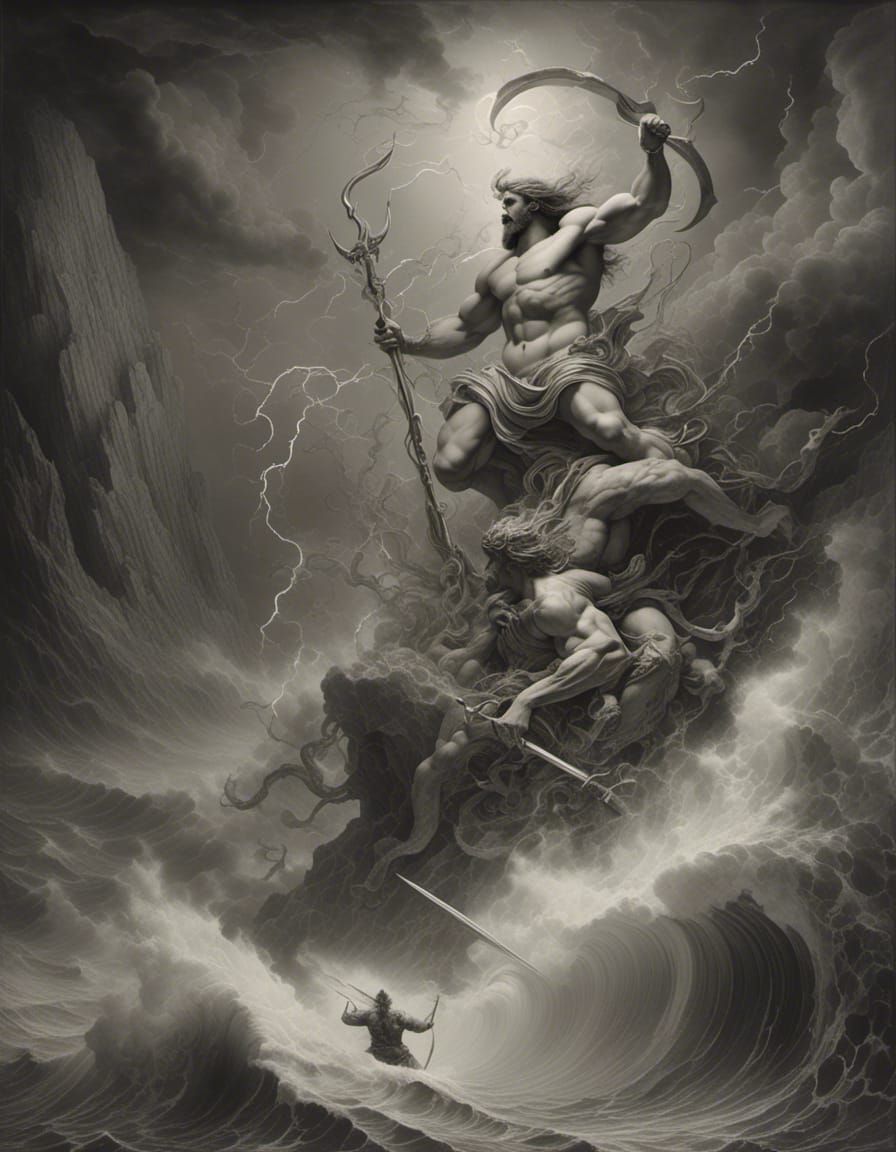 Poseidon Unleashes Lightning: Epic Pencil Art