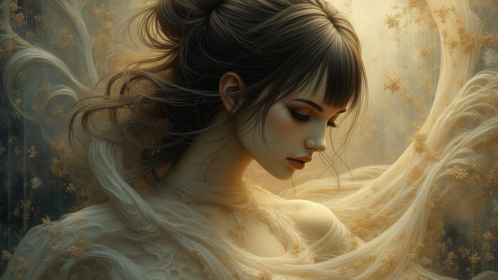 Ethereal Woman Behind Shimmering Veil