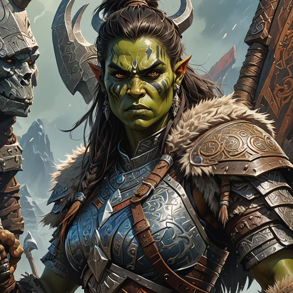 Fierce Half-Orc Barbarian Portrait in Fantasy Art Style