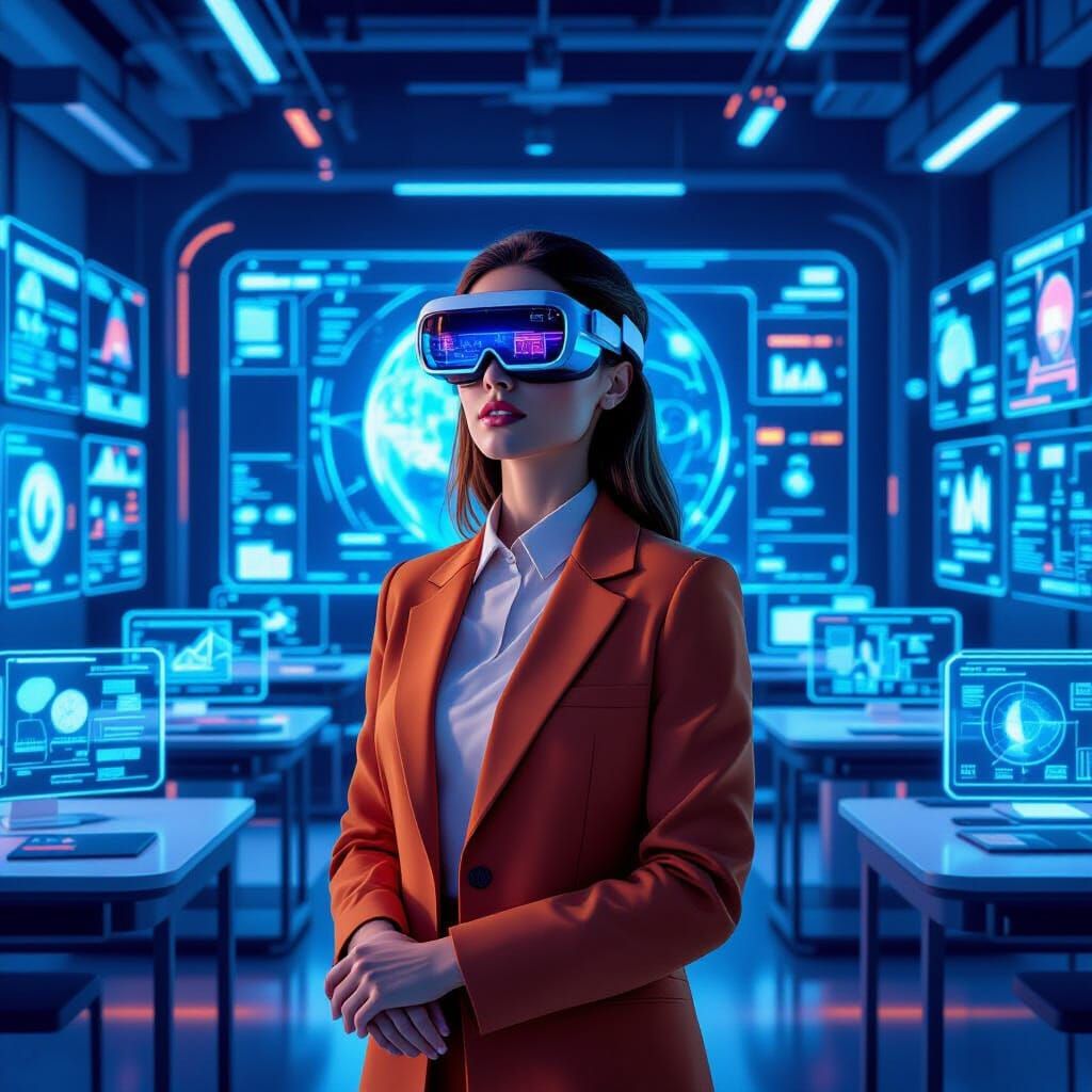 Futuristic Teacher in Holographic Classroom, Digital Art