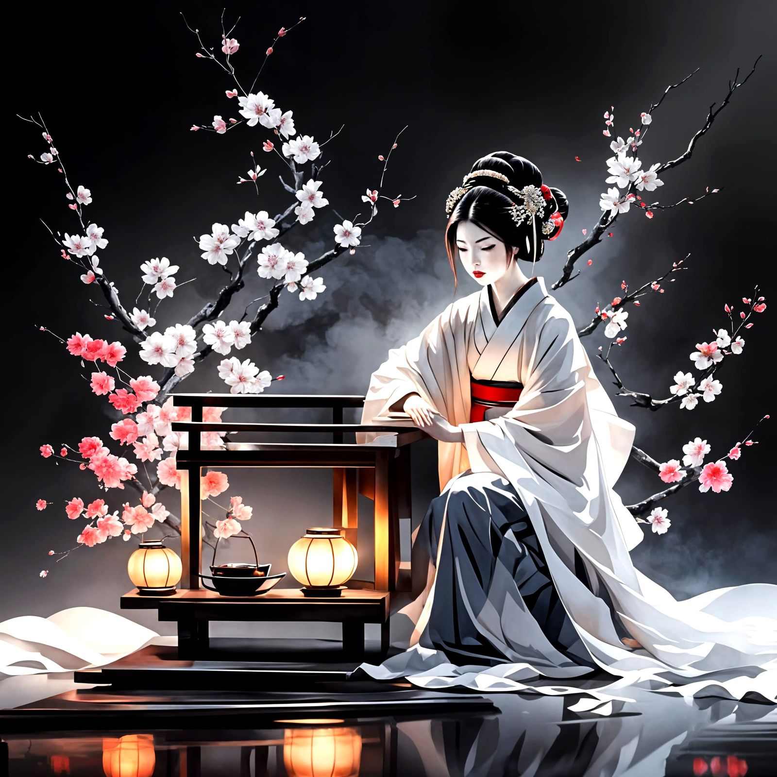 Ink Splash Geisha Portrait with Cherry Blossoms