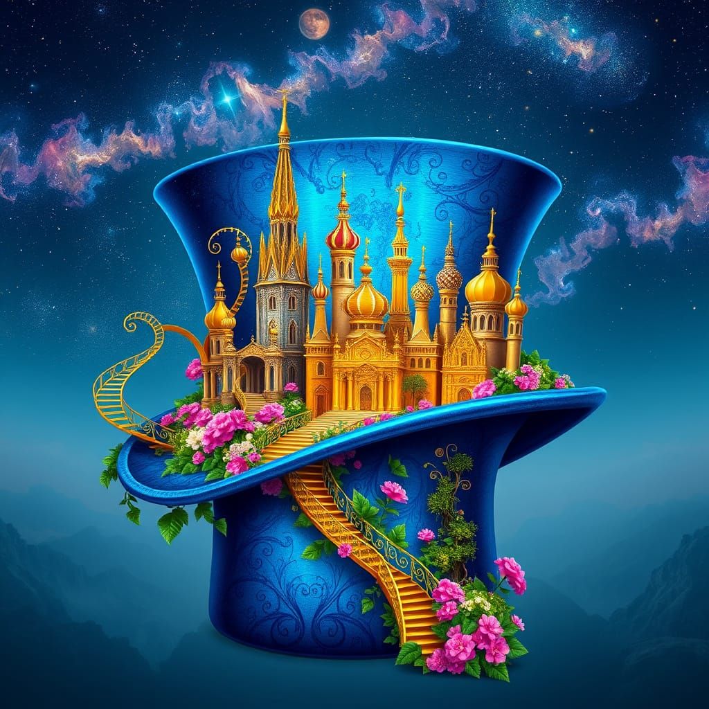 Surreal City-Hat in Luminous Blues and Golds