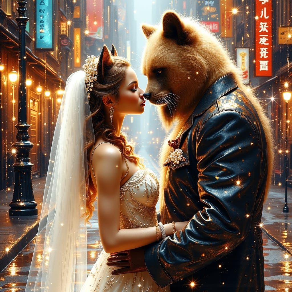 Loving Urban Bear Couple under Vibrant Streetlights