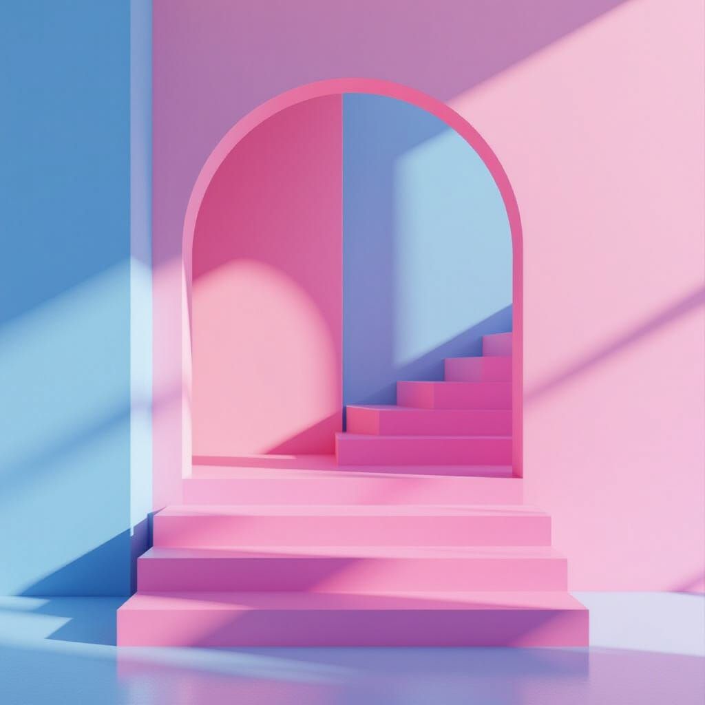 Minimalist Pink Steps and Archway in Geometric Composition
