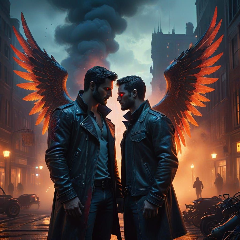 Hipster Angel Confronts Sleek Demon in Urban Twilight