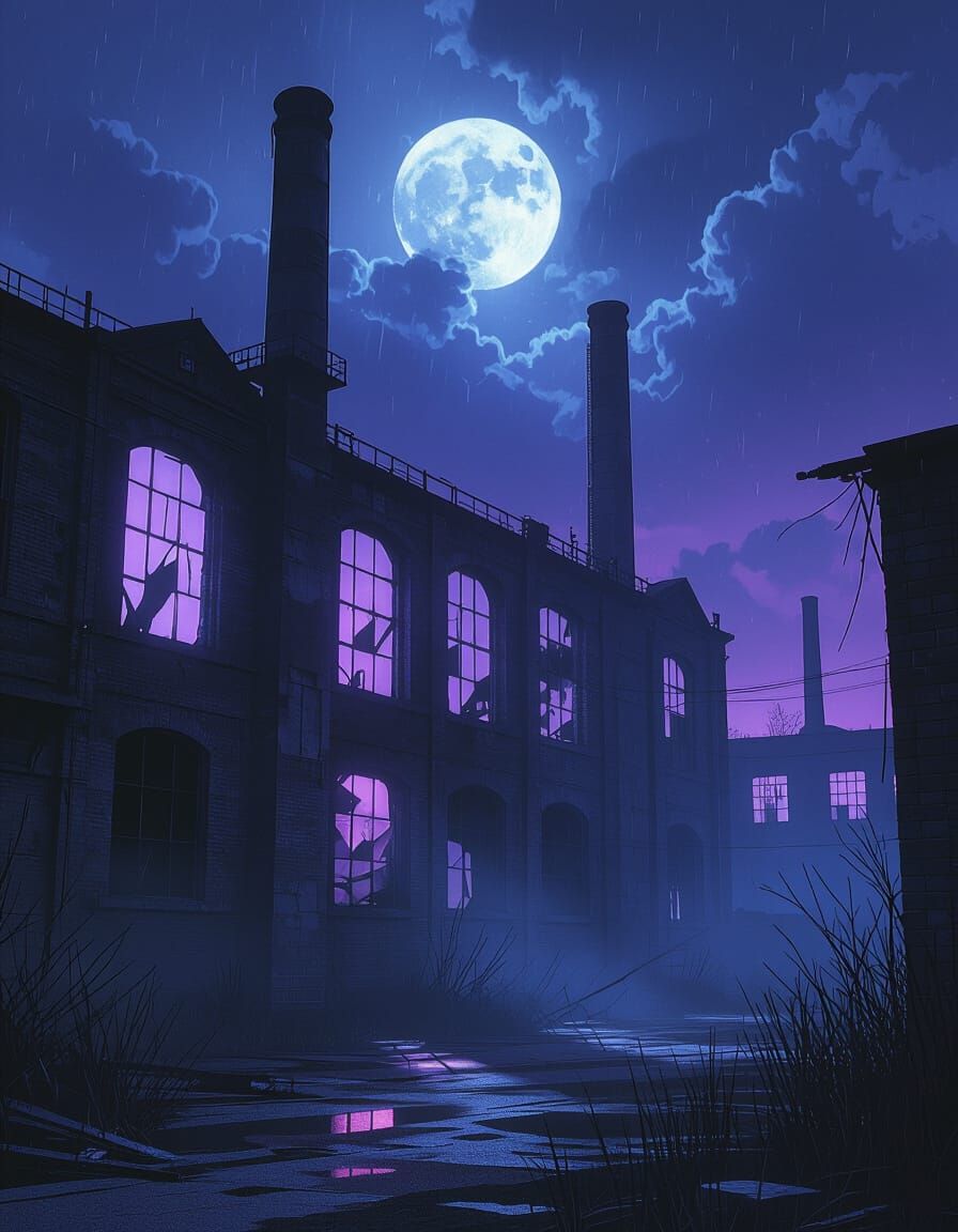 Eerie Abandoned Factory at Night in Realistic Style