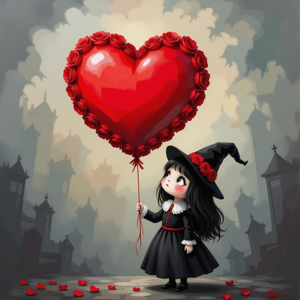 Gothic Character With Rose Heart Balloon Impasto Painting