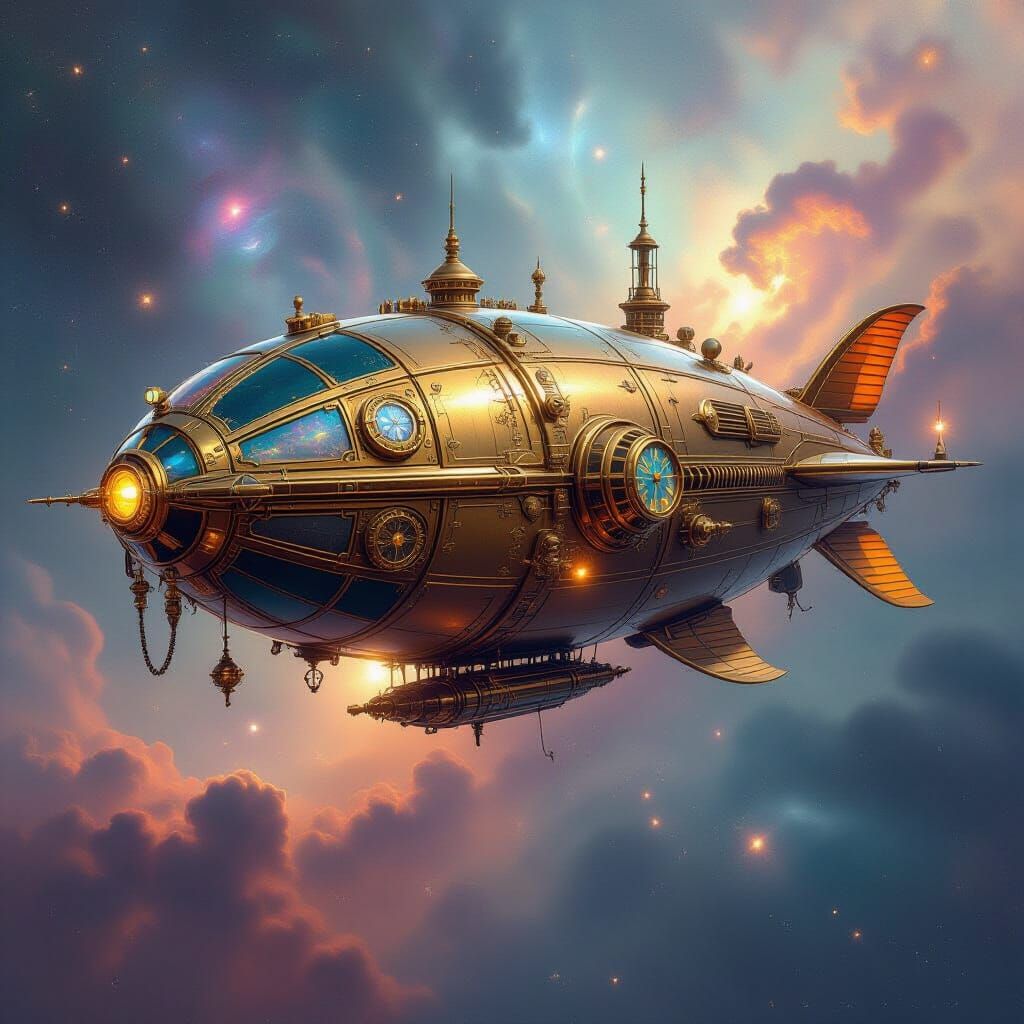 Steampunk Scarab Airship in Iridescent Nebula