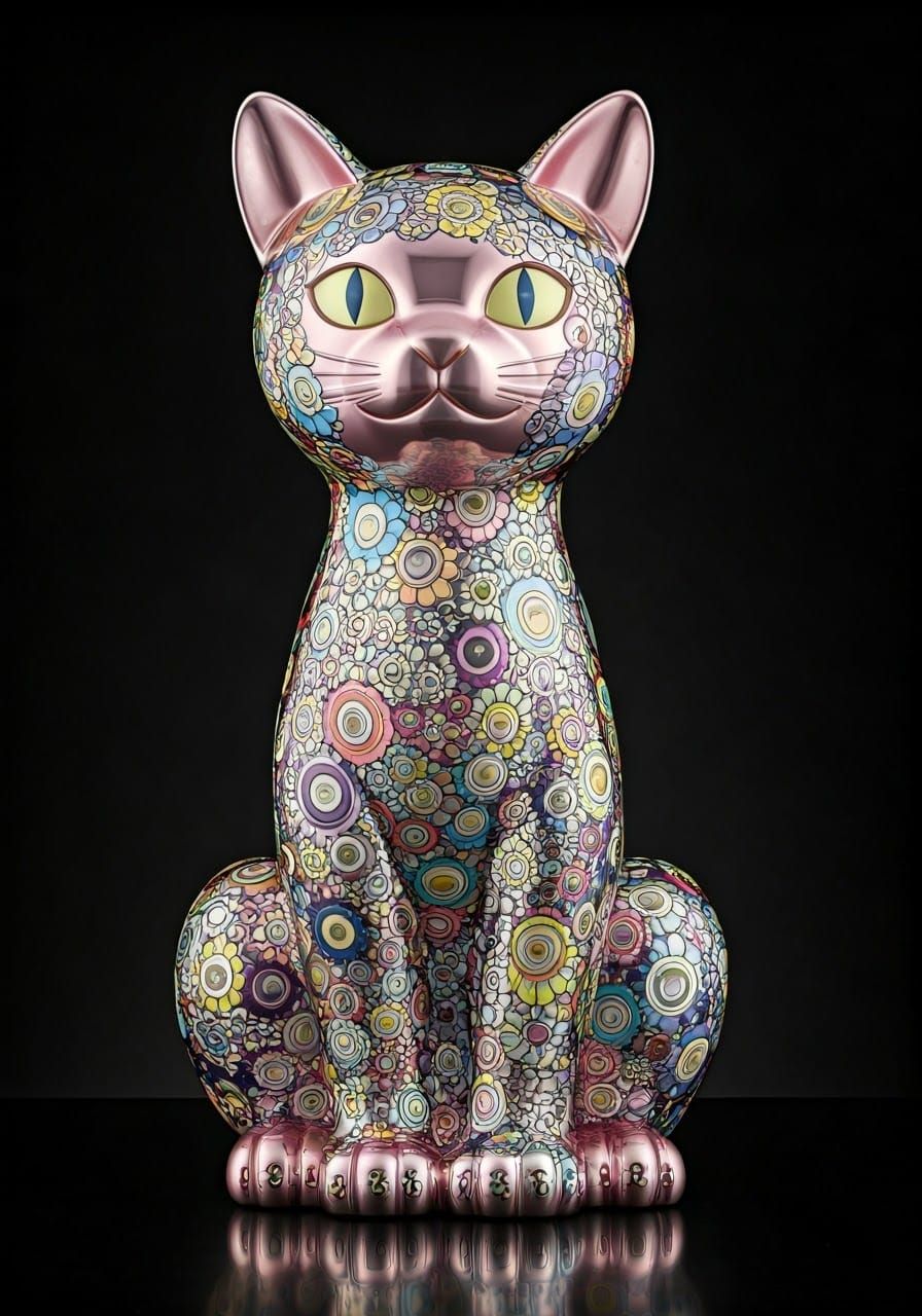 Elegant Chrome Cat Figurine with Twisted Pastel Flowers