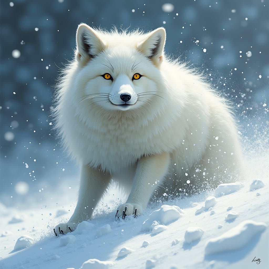 Arctic Fox Surviving Blizzard, Impasto Style