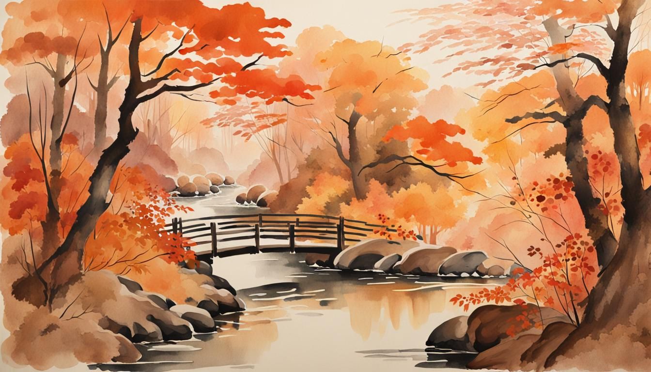 Japanese Woman in Autumn Forest, Watercolor Painting