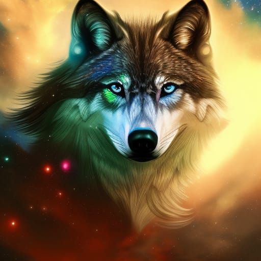 Colorful Starry Wolf Face in Detailed Matte Painting