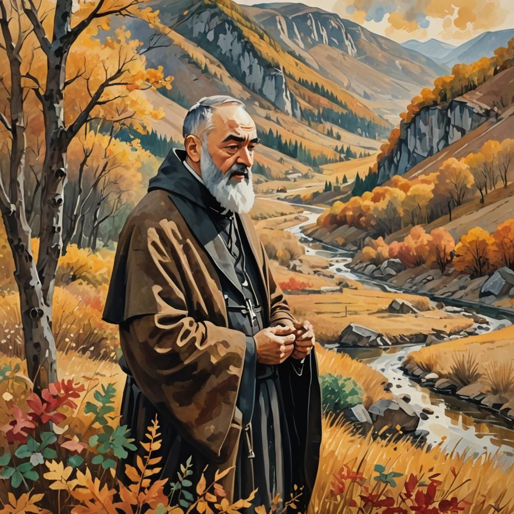 Padre Pio in Golden Autumn Valley: Gouache Style