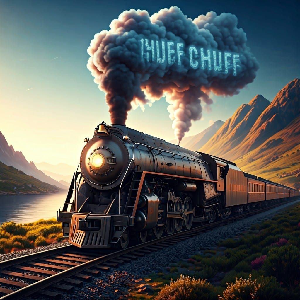 Smoke from a steam train  funnel forms the words "CHUFF CHUF...