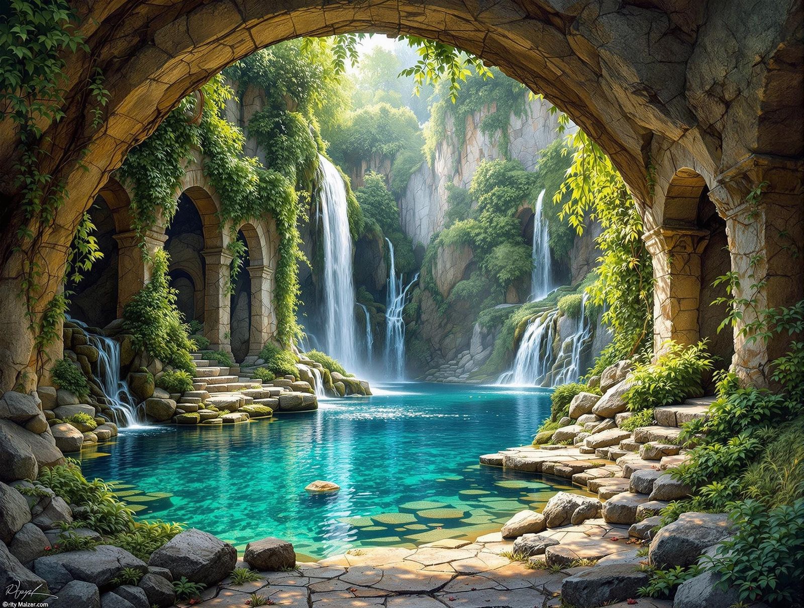 Lush Mediterranean Grotto with Ancient Ruins and Waterfalls