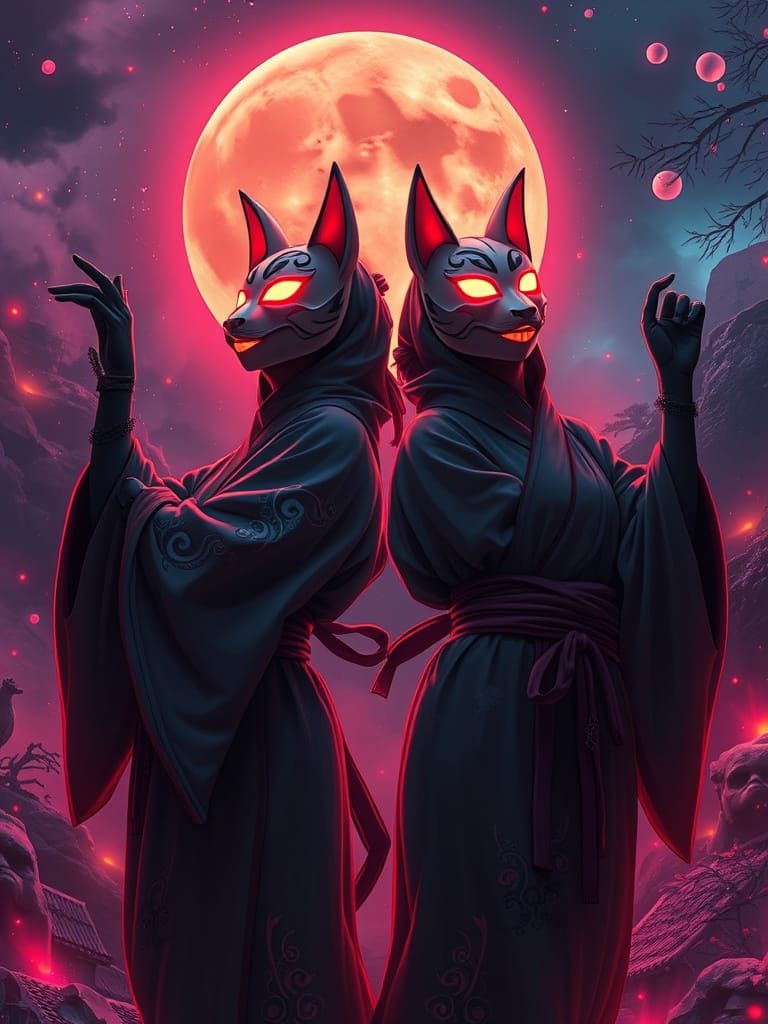 Two Female Ninjas Mirroring Each Other in Neon City