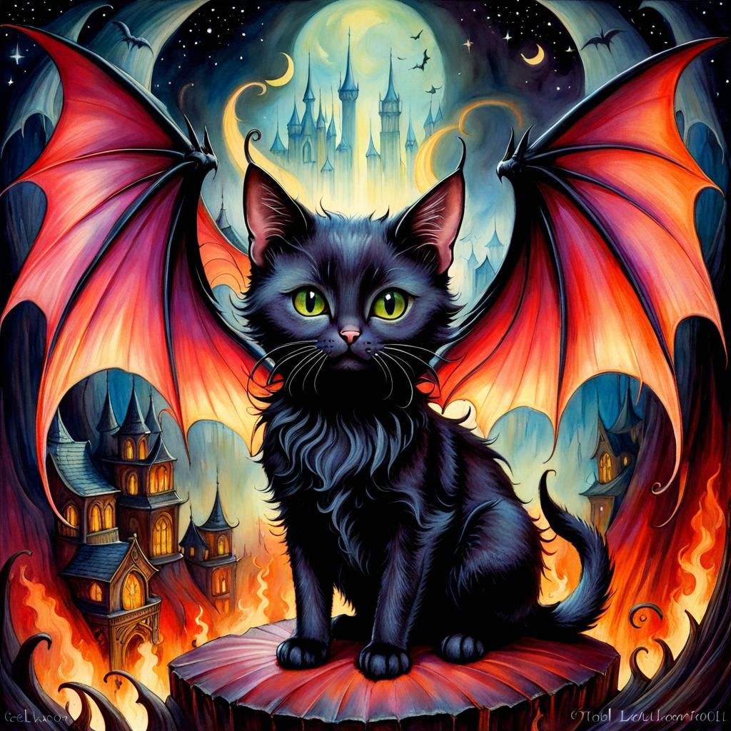 Gothic Fairy Cat with Bat Wings Watercolor Art