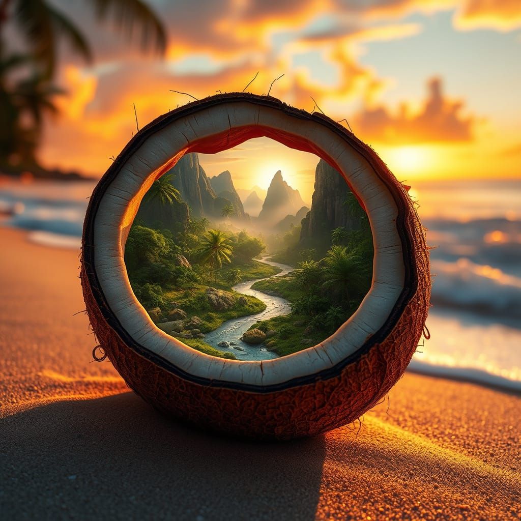 Surreal Coconut Beach Scene in Hyperrealistic Style