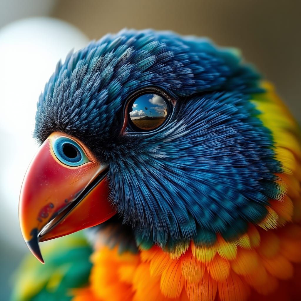 Iridescent Bird Portrait Reflecting Sky, Wildlife Photograph...