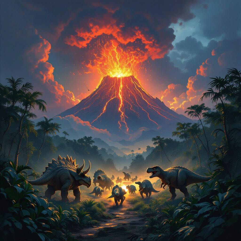 Prehistoric Volcano Eruption with Stampeding Dinosaurs