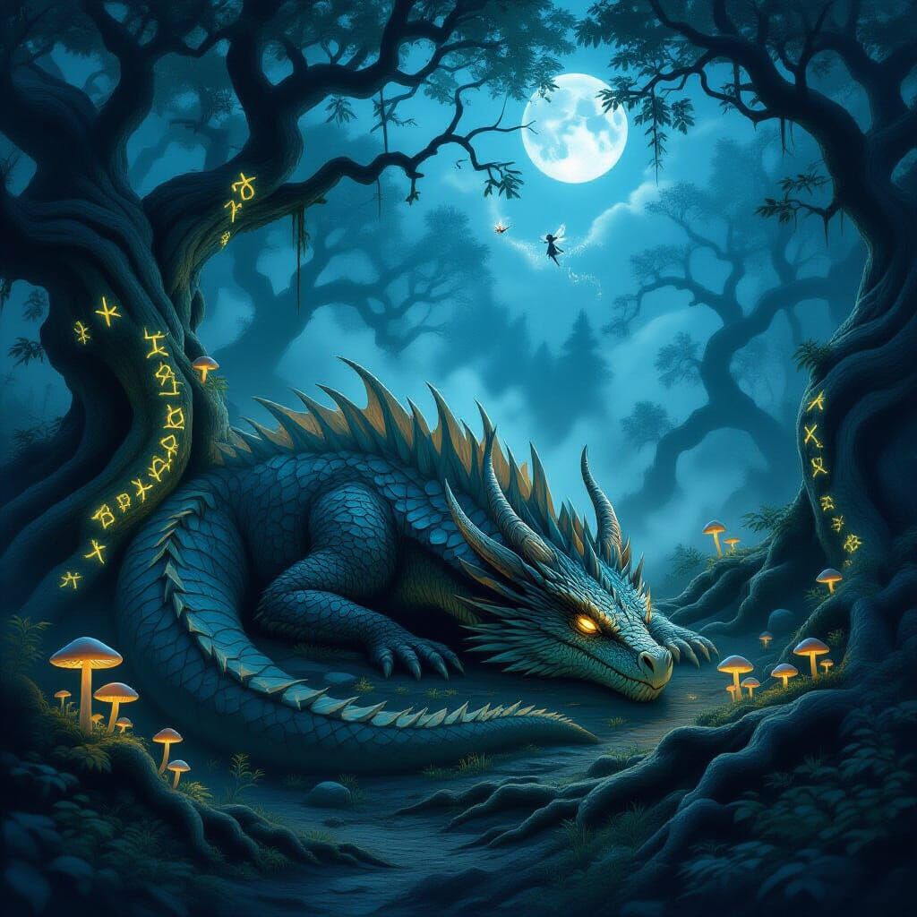Enormous Dragon Slumbers in Misty Moonlit Forest