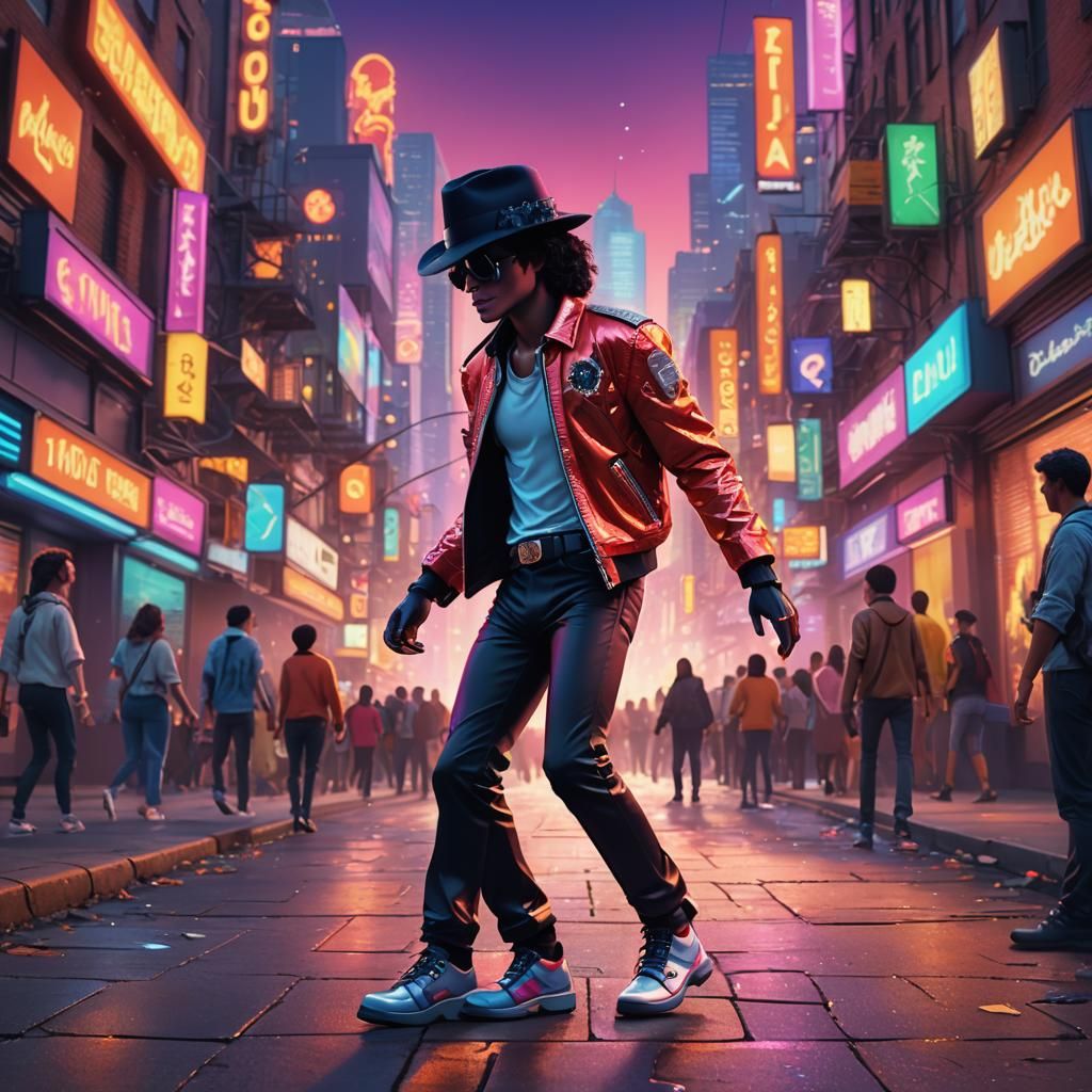 Michael Jackson Moonwalks in Vibrant Futuristic City