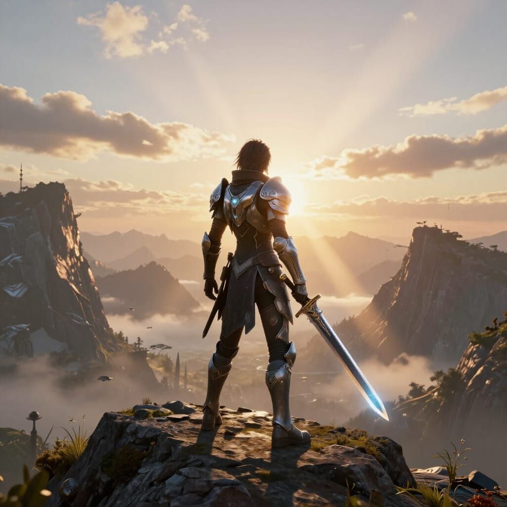 Futuristic Knight on Alien Peak at Sunrise