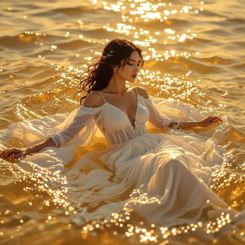 Woman Swimming in Liquid Gold, Dreamy Ethereal Art