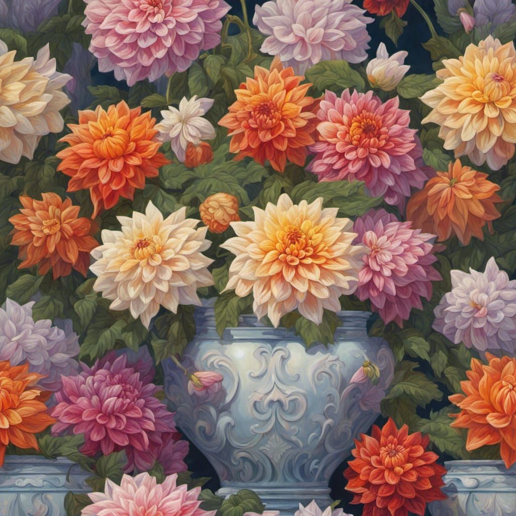 Dahlia Flowers in Vase: 3D Vector Fantasy Art