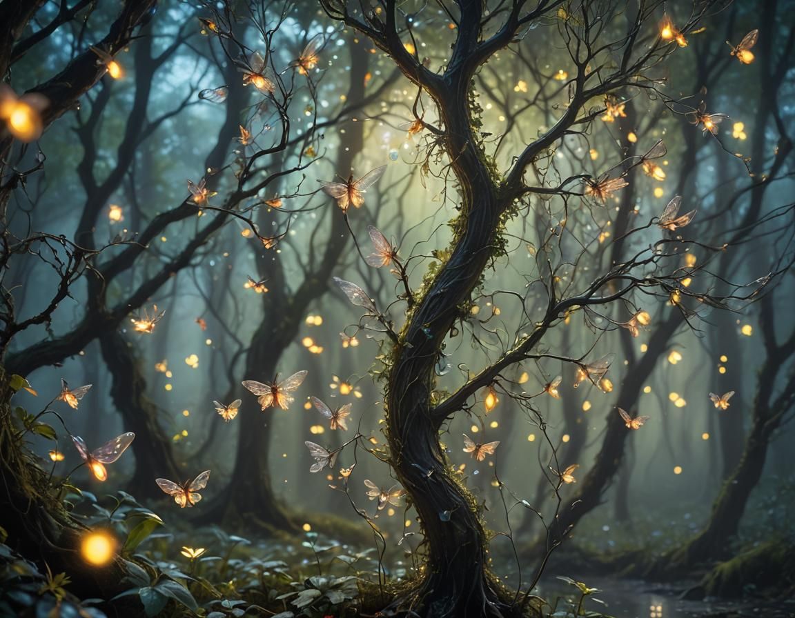 A fairy forest in the middle of the night, fireflies everywh...