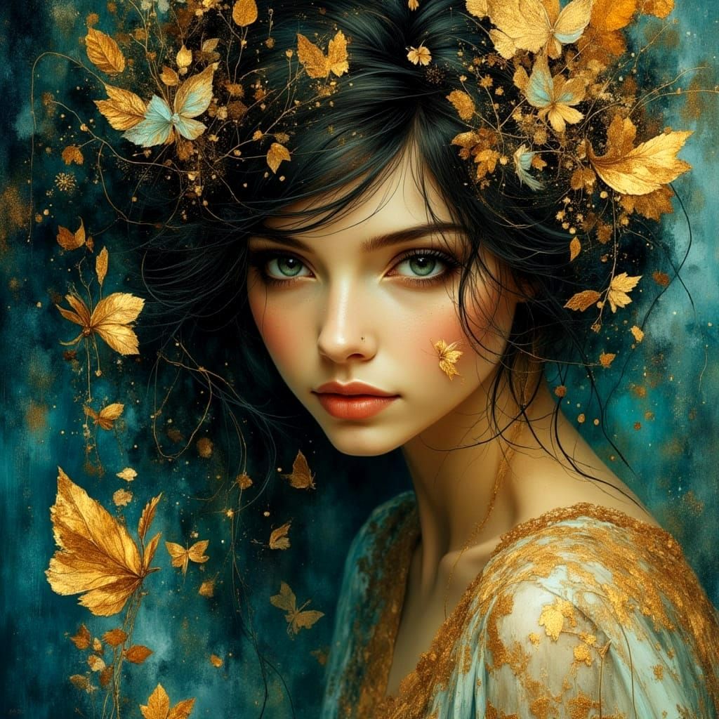 Dreamlike Portrait with Filigree, Pre-Raphaelite Art Nouveau